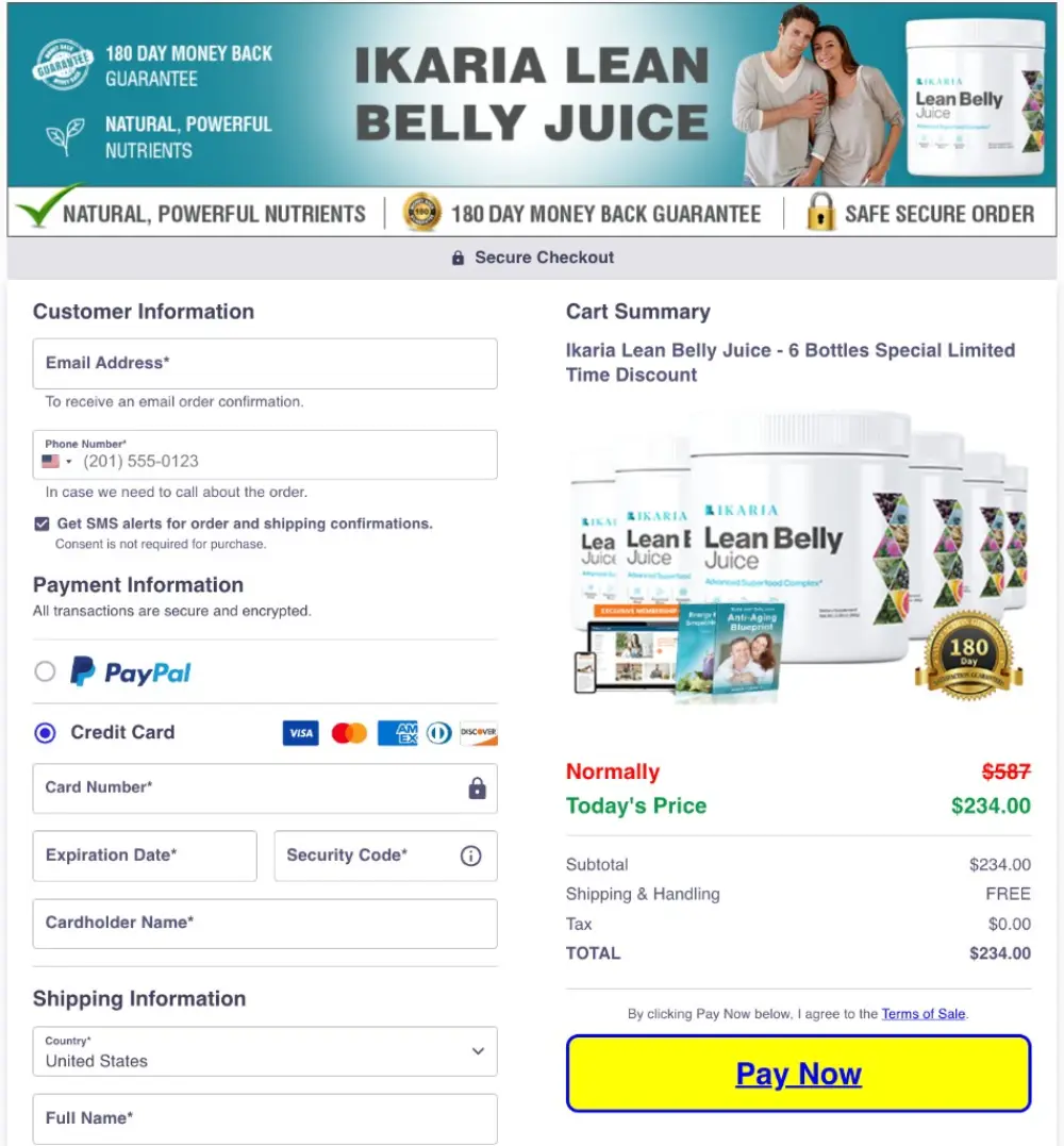 Ikaria Juice secure ClickBank checkout with payment shipping and order summary